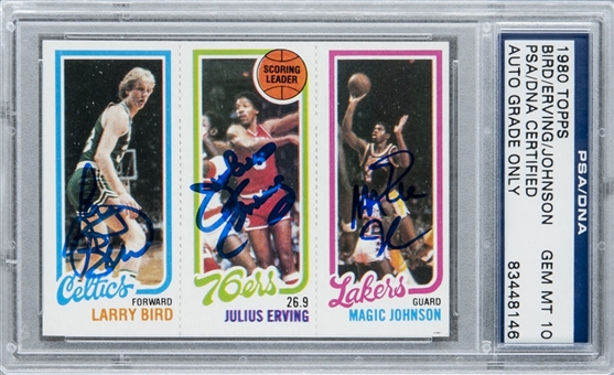 1980-81 Topps Larry Bird, Julius Erving and Magic Johnson Rookie Card – Signed by All Three Hall of Famers! - PSA/DNA GEM MT 10